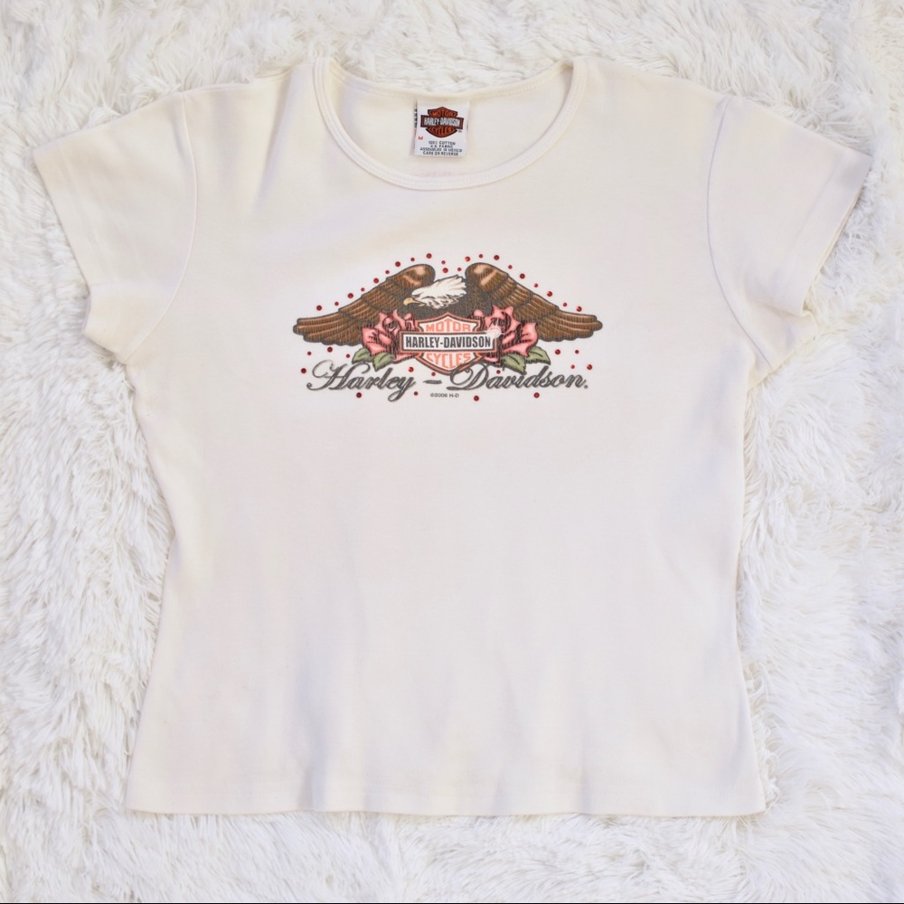 Harley Davidson Rhinestone Eagle Rose Print Tee